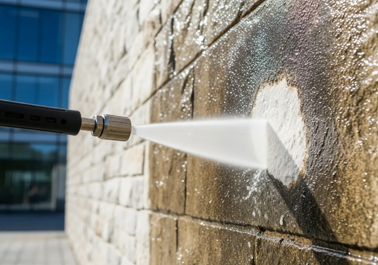 Fassadenreinigung Deutschland: Hochdruckreinigung an einer historischen Steinwand